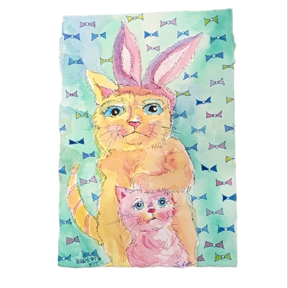 Bunny Cat With Kitten Hand signed original watercolor Painting